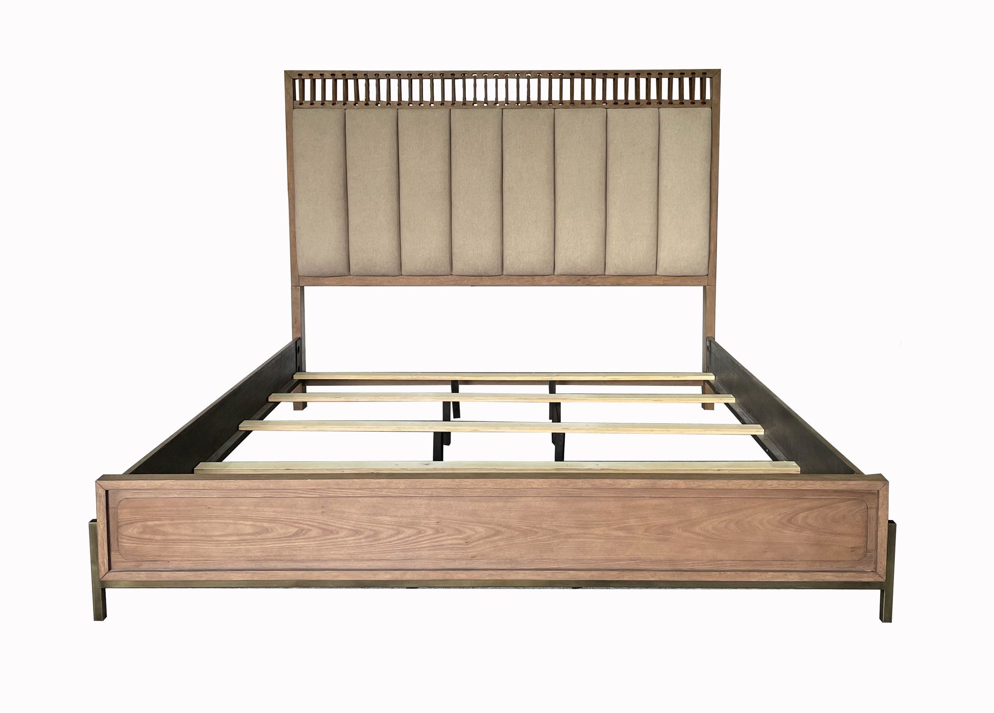 Modern wood platform bed frame with upholstered headboard