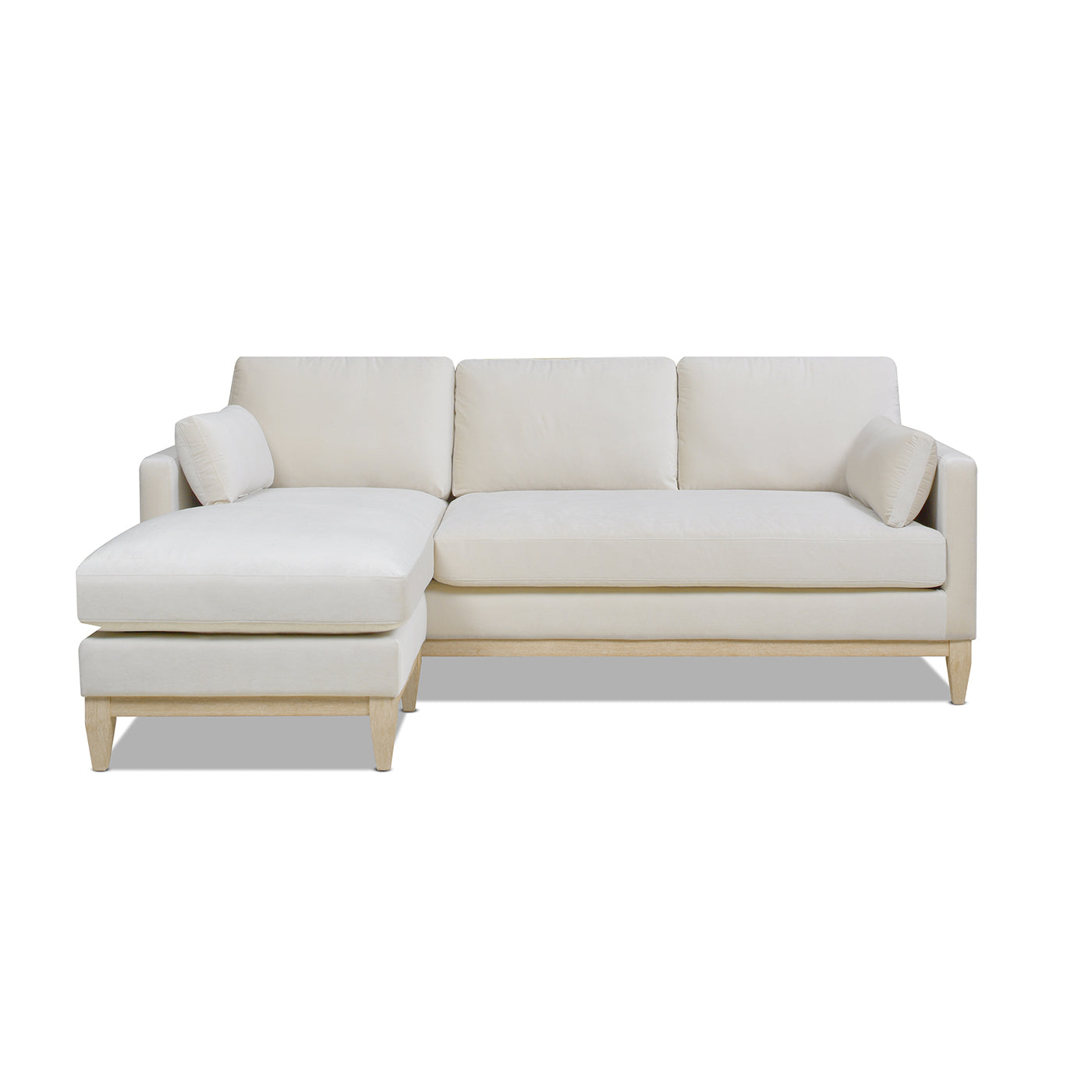 Cream linen chaise sectional sofa with light wood legs