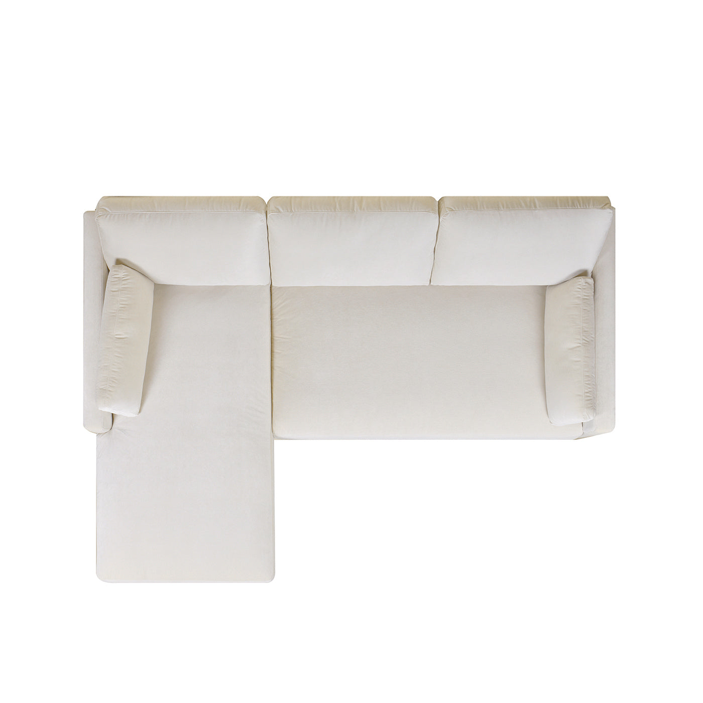Cream sectional sofa with plush cushions and two decorative pillows top view