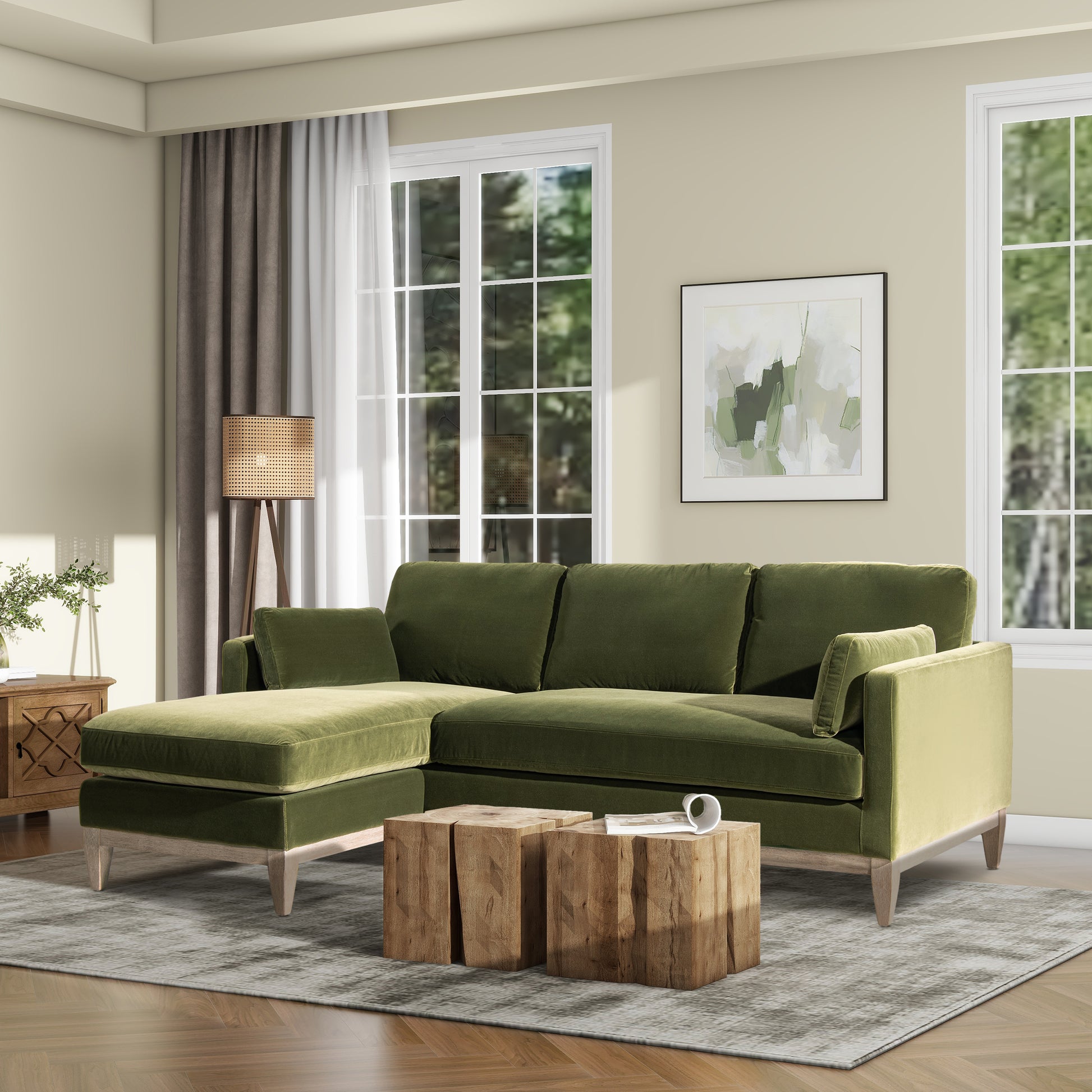 Plush olive green velvet sectional sofa with chaise lounge