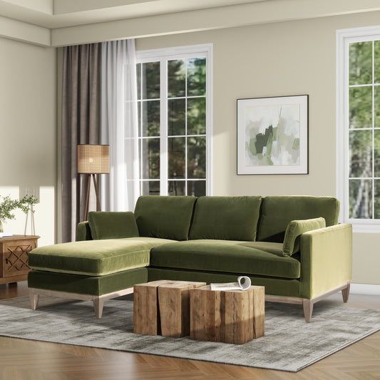 Plush olive green velvet sectional sofa with chaise lounge