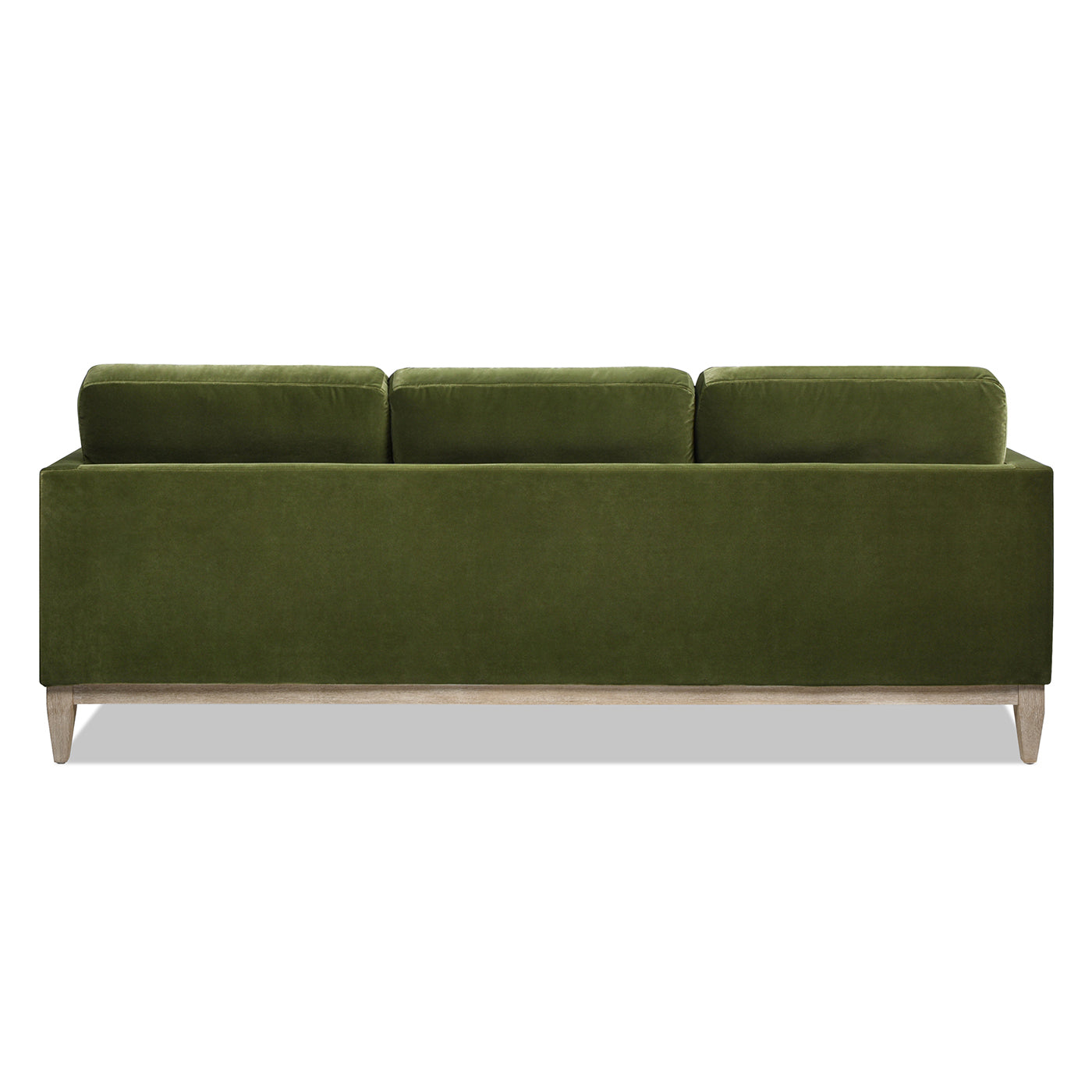 Green velvet threeseater sofa with modern wood legs