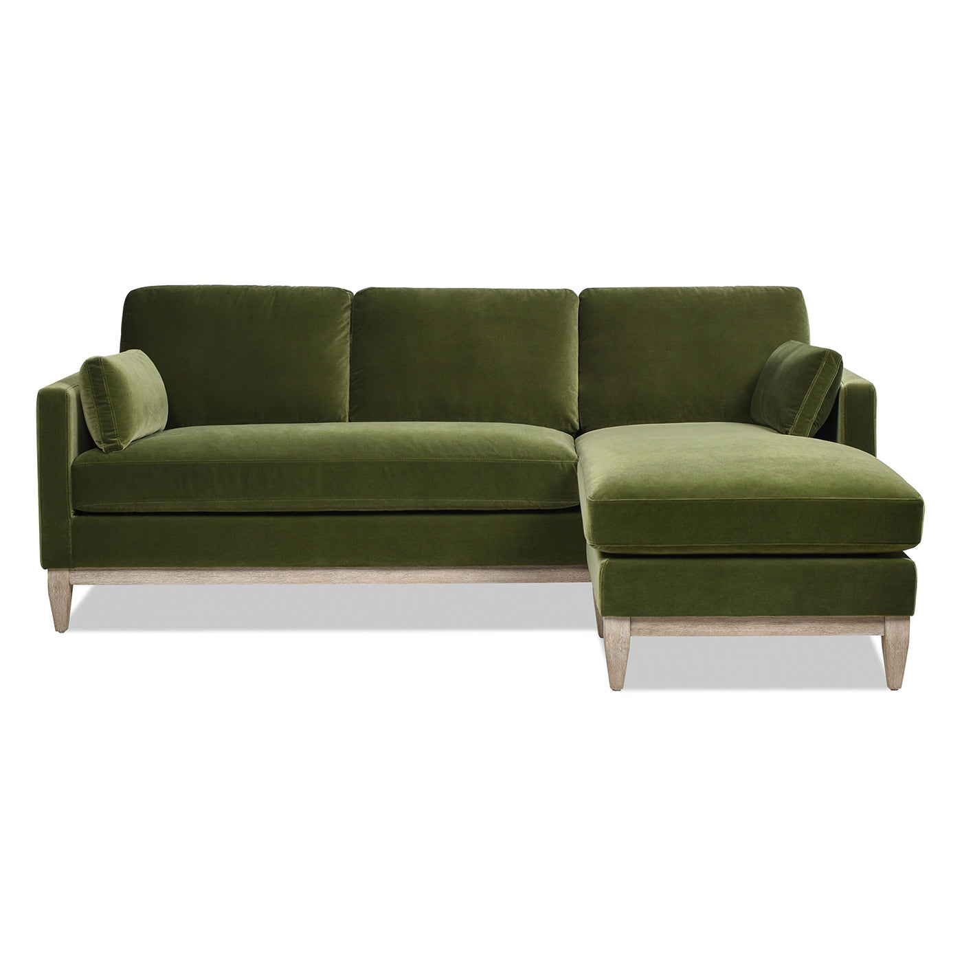Plush olive green velvet sectional sofa with light wood legs