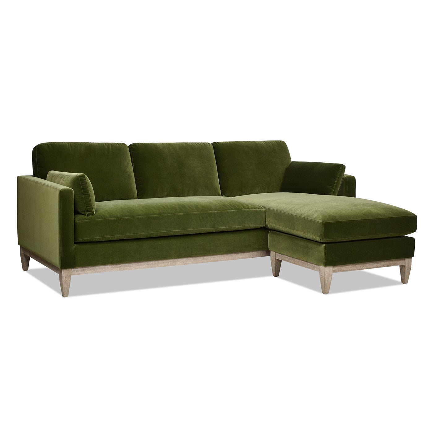 Luxurious olive green velvet sectional sofa with light wood legs and modern design