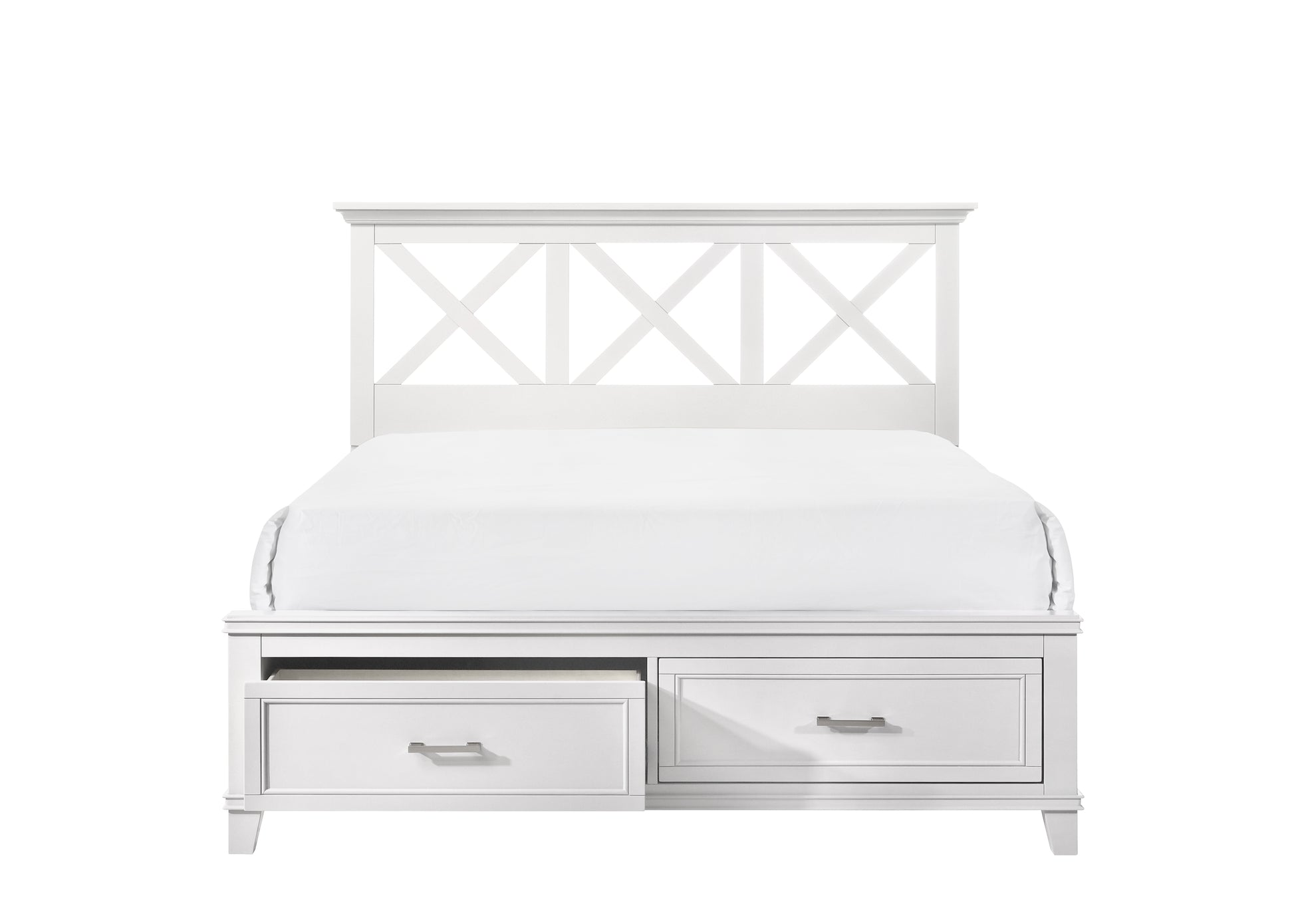 White twin bed frame with Xdesign headboard and two storage drawers