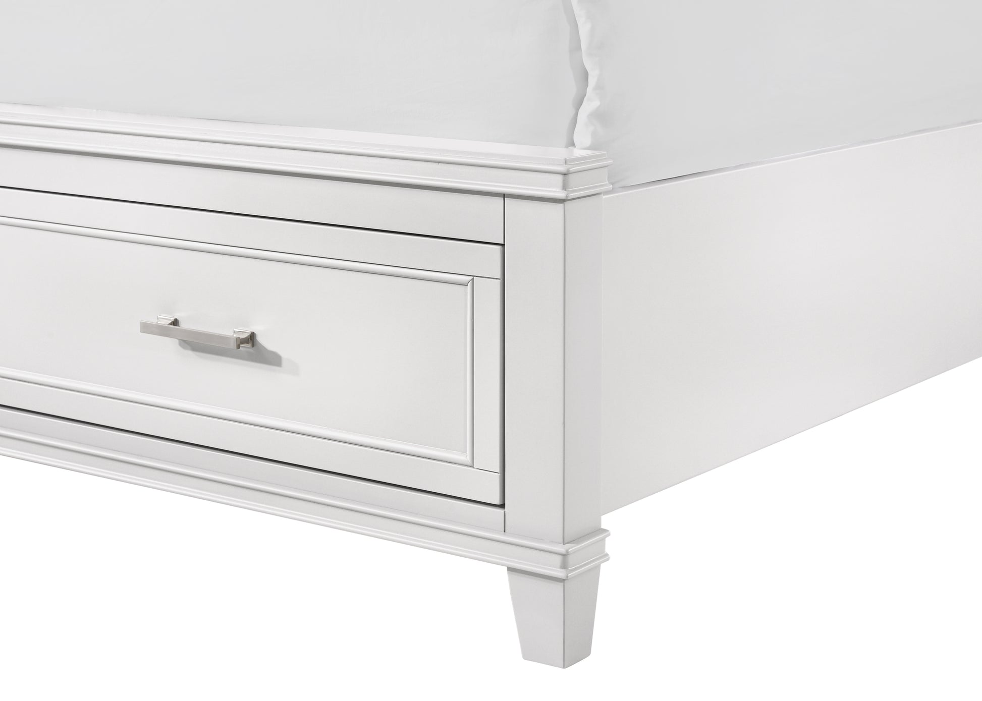 White wooden bed frame with integrated drawer and brushed nickel pull