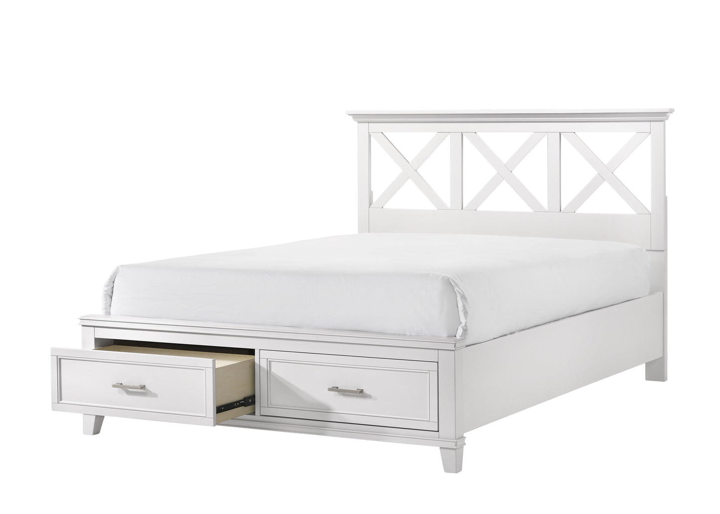 White wooden bed frame with Xdesign headboard and two storage drawers