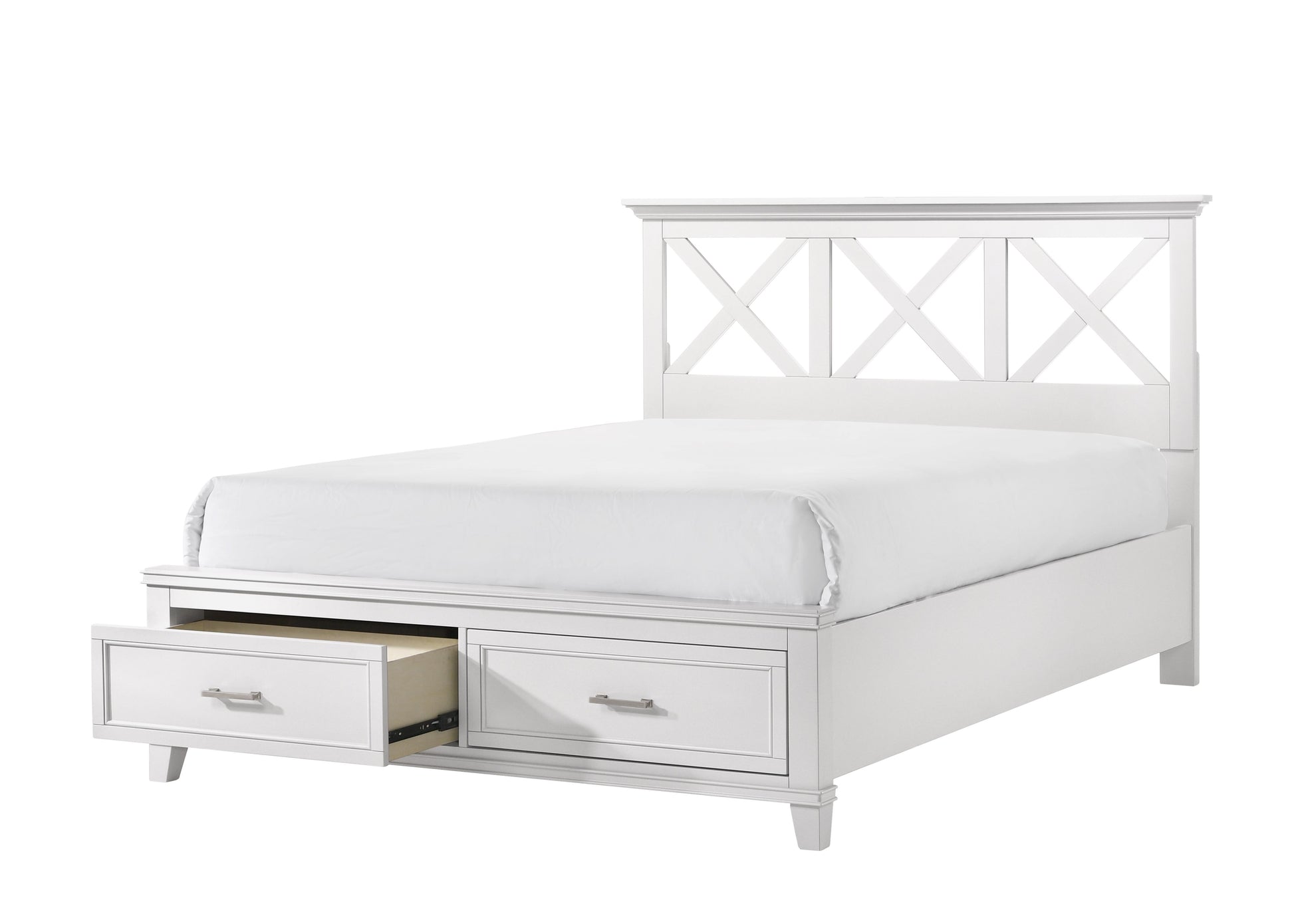 White wooden bed frame with Xdesign headboard and two storage drawers
