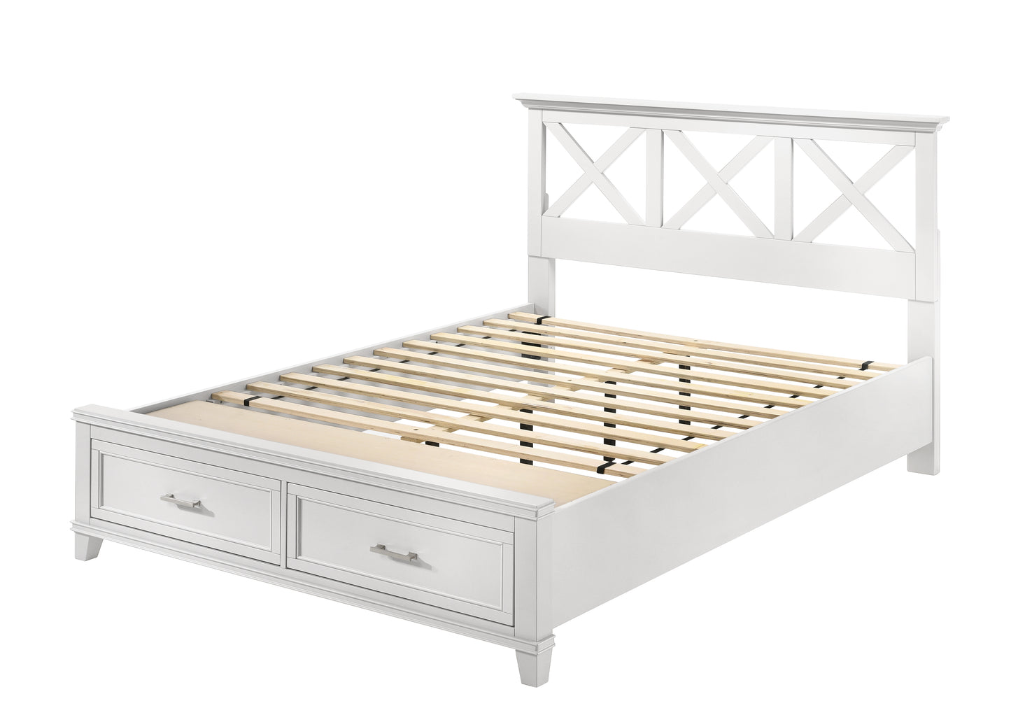 White wooden bed frame with xdesign headboard and two storage drawers