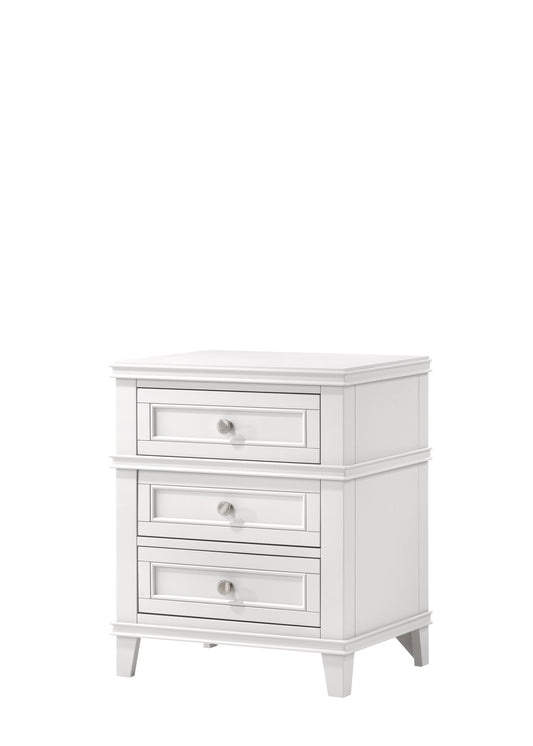 White wood threedrawer nightstand with silver knobs