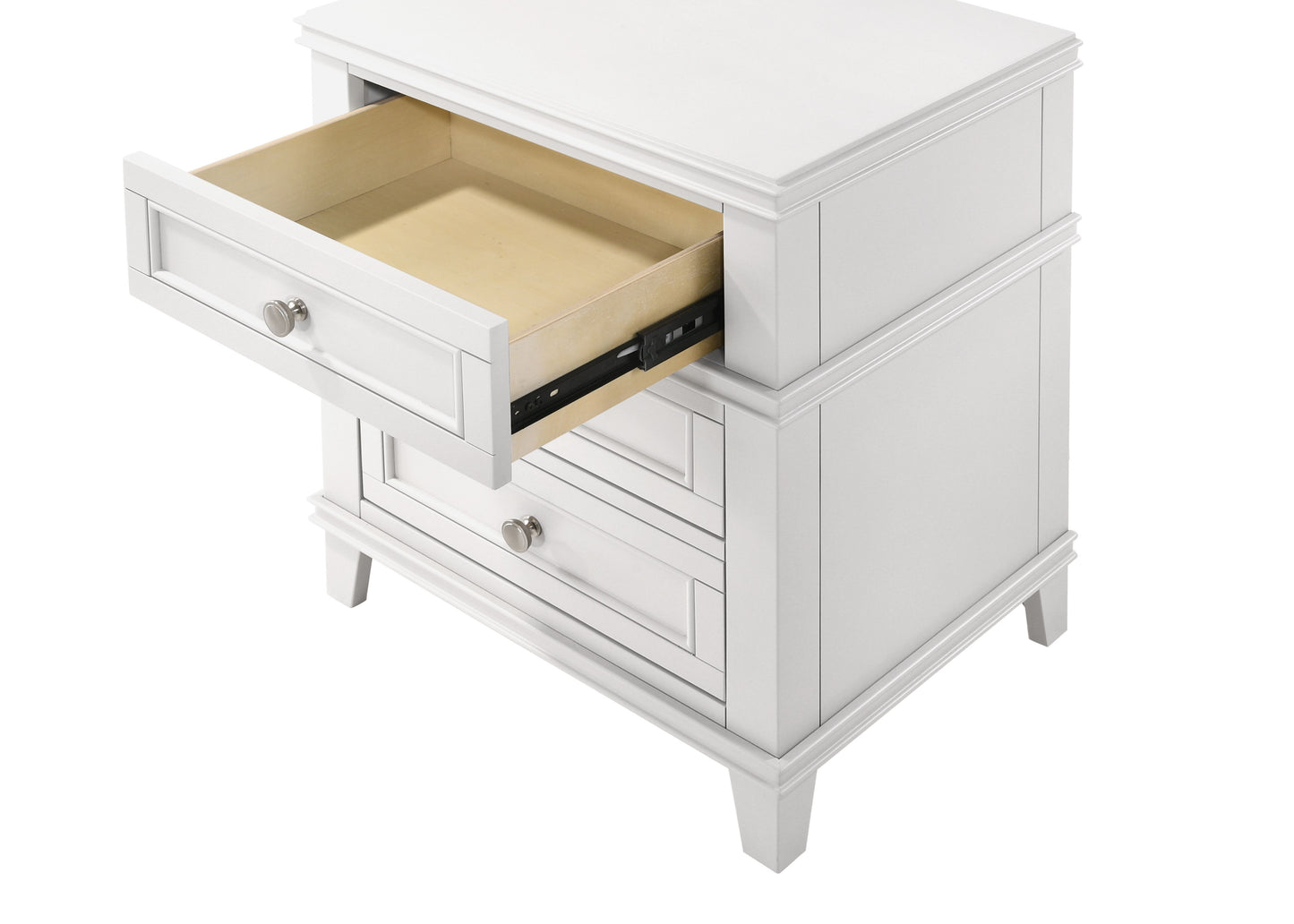 White wood nightstand with one open drawer and two closed drawers