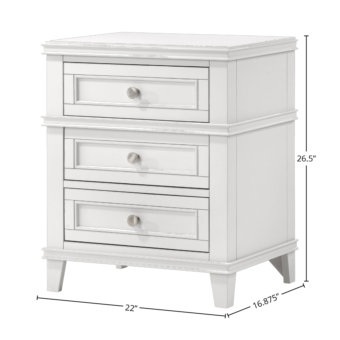 White distressed wood nightstand with three drawers and silver knobs