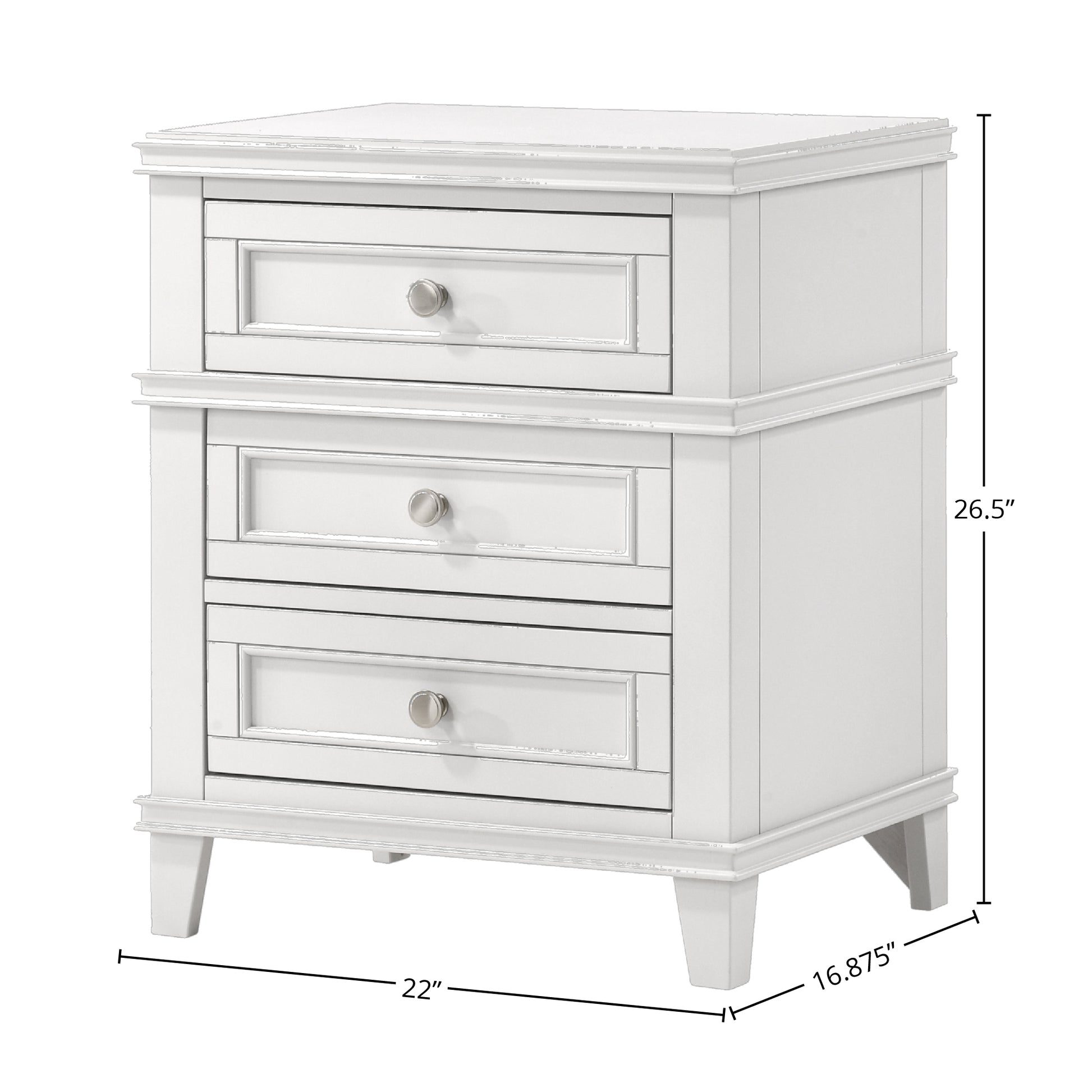 White distressed wood nightstand with three drawers and silver knobs