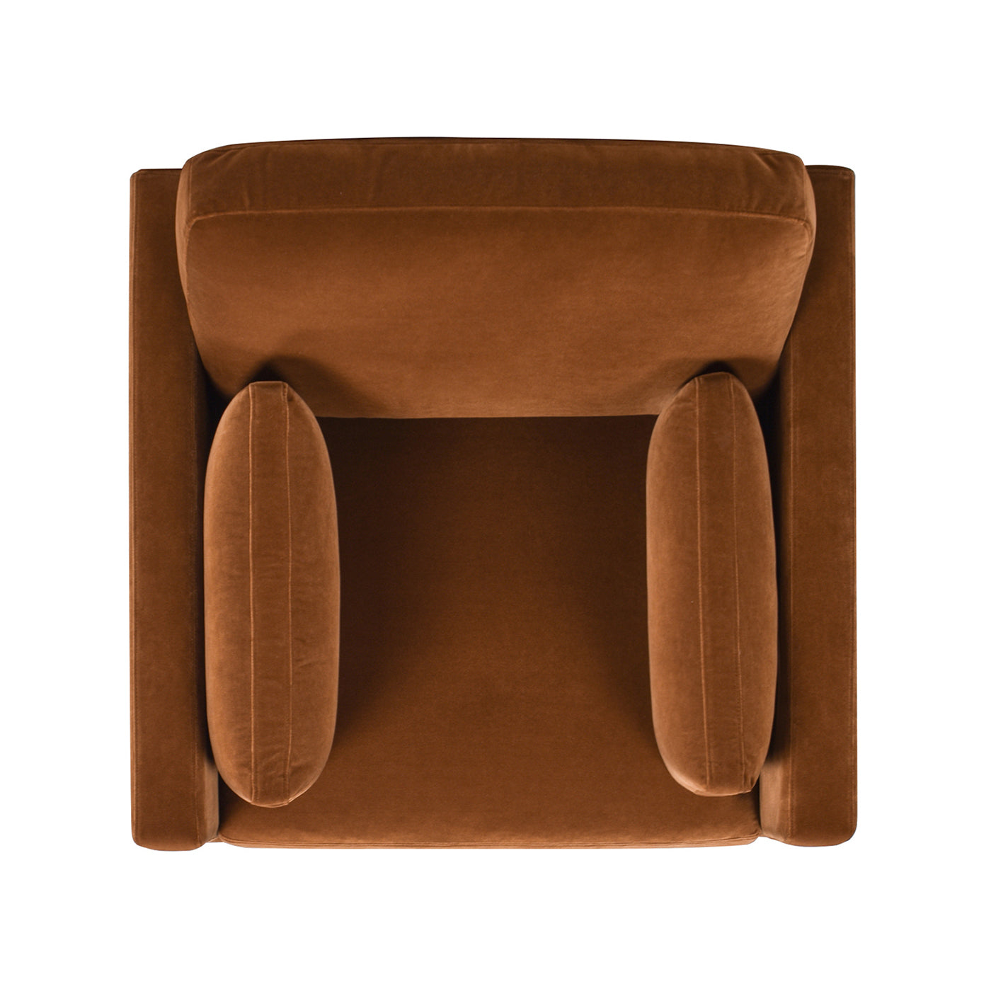 Top view of a plush brown velvet armchair