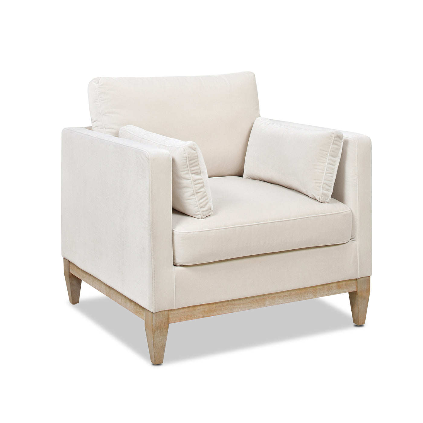 Plush cream velvet armchair with light wood legs