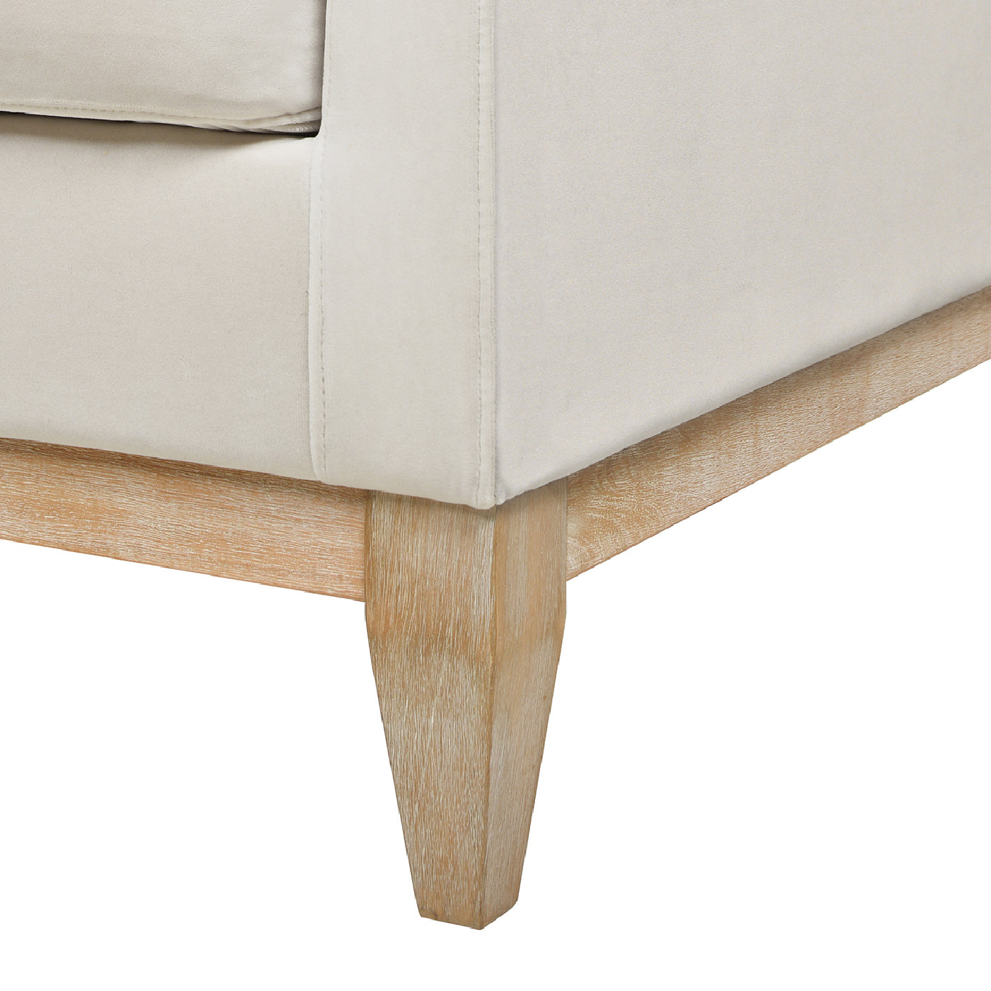 Light beige velvet sofa base with tapered wooden legs