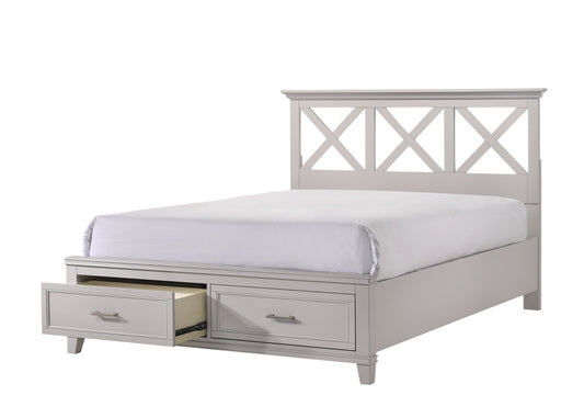 Grey wooden bed frame with crossback headboard and storage drawers