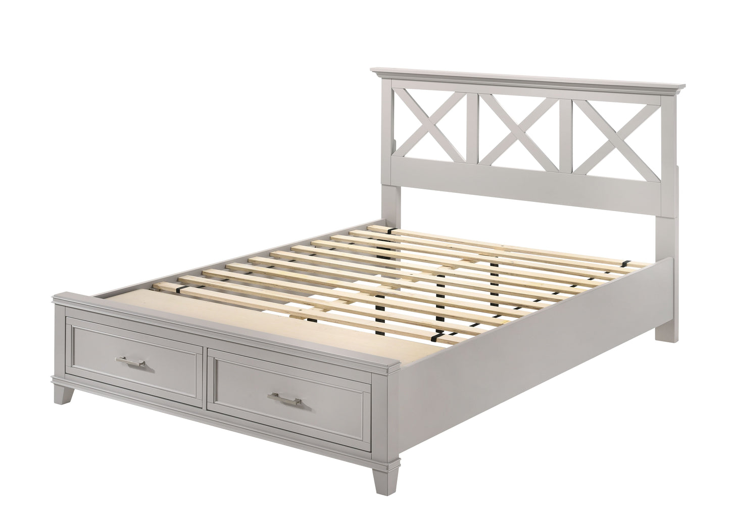 Gray wooden platform bed with Xdesign headboard and two drawers