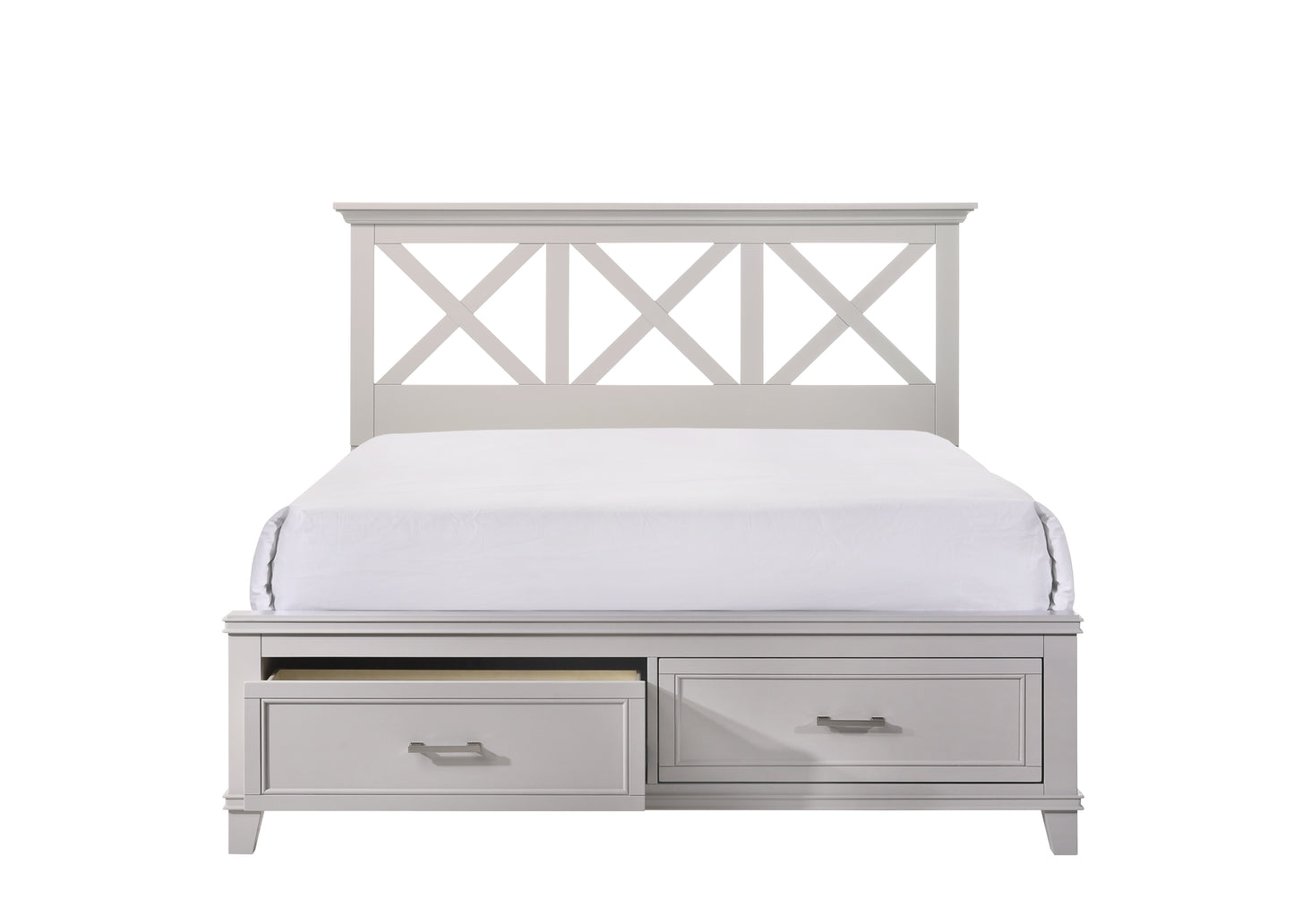 Light gray twin bed frame with Xdesign headboard and two storage drawers