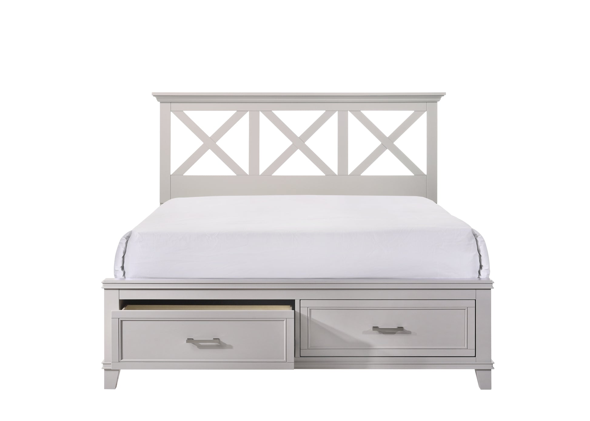 Light gray twin bed frame with Xdesign headboard and two storage drawers