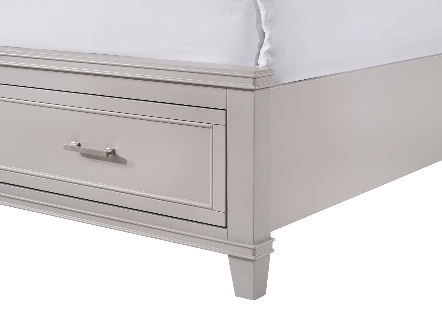 Grey upholstered bed frame with storage drawers and brushed nickel hardware