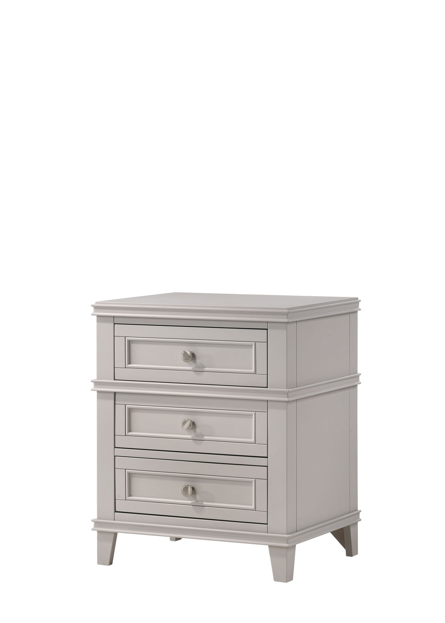 Gray threedrawer nightstand with silver knobs and carved details