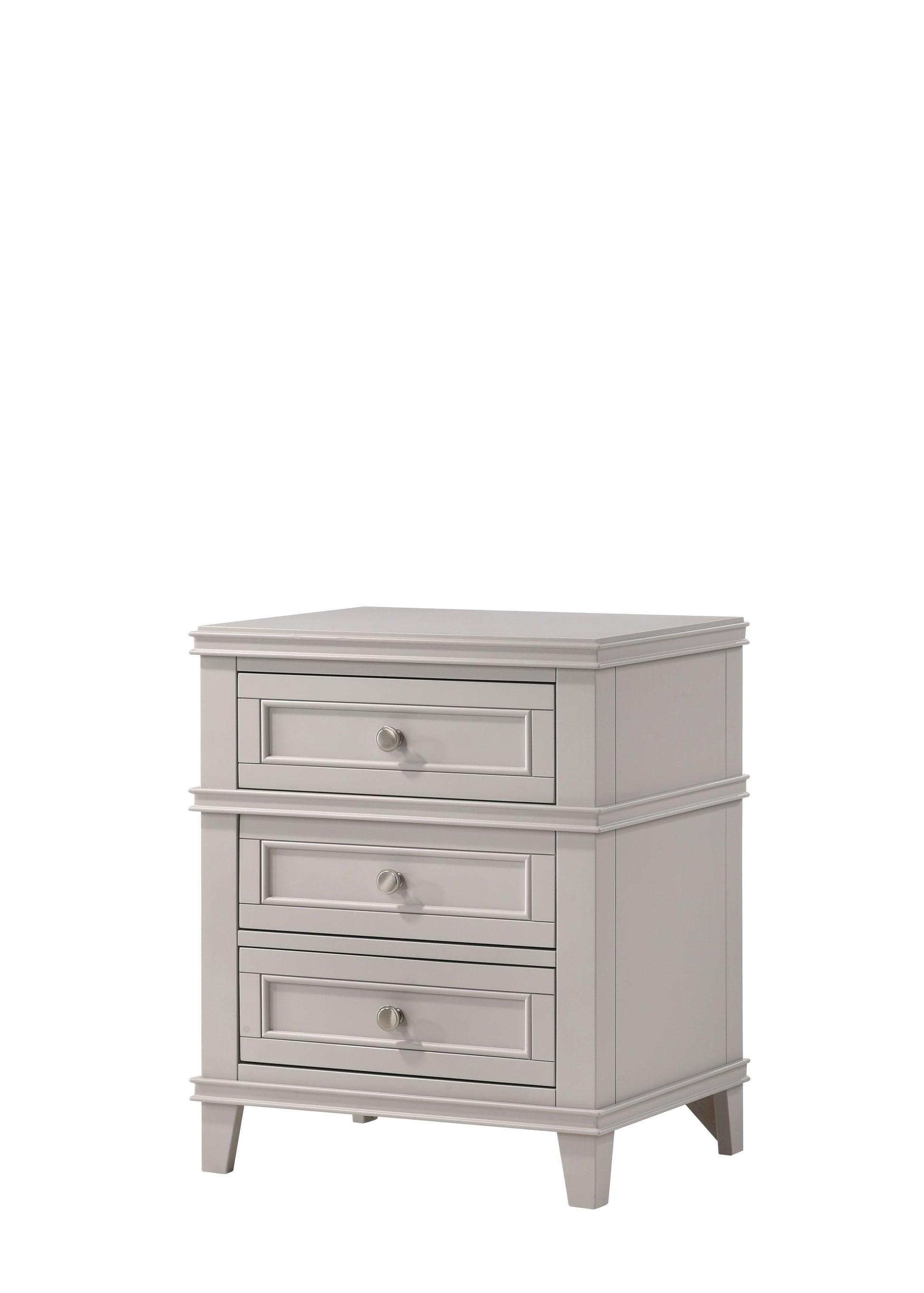 Gray threedrawer nightstand with silver knobs and carved details