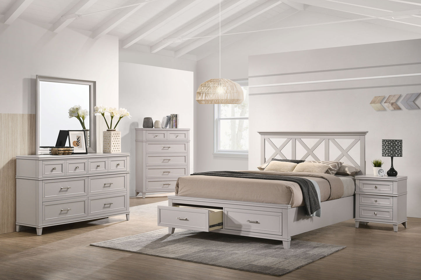 Light grey bedroom set with Xdesign headboard and storage drawers