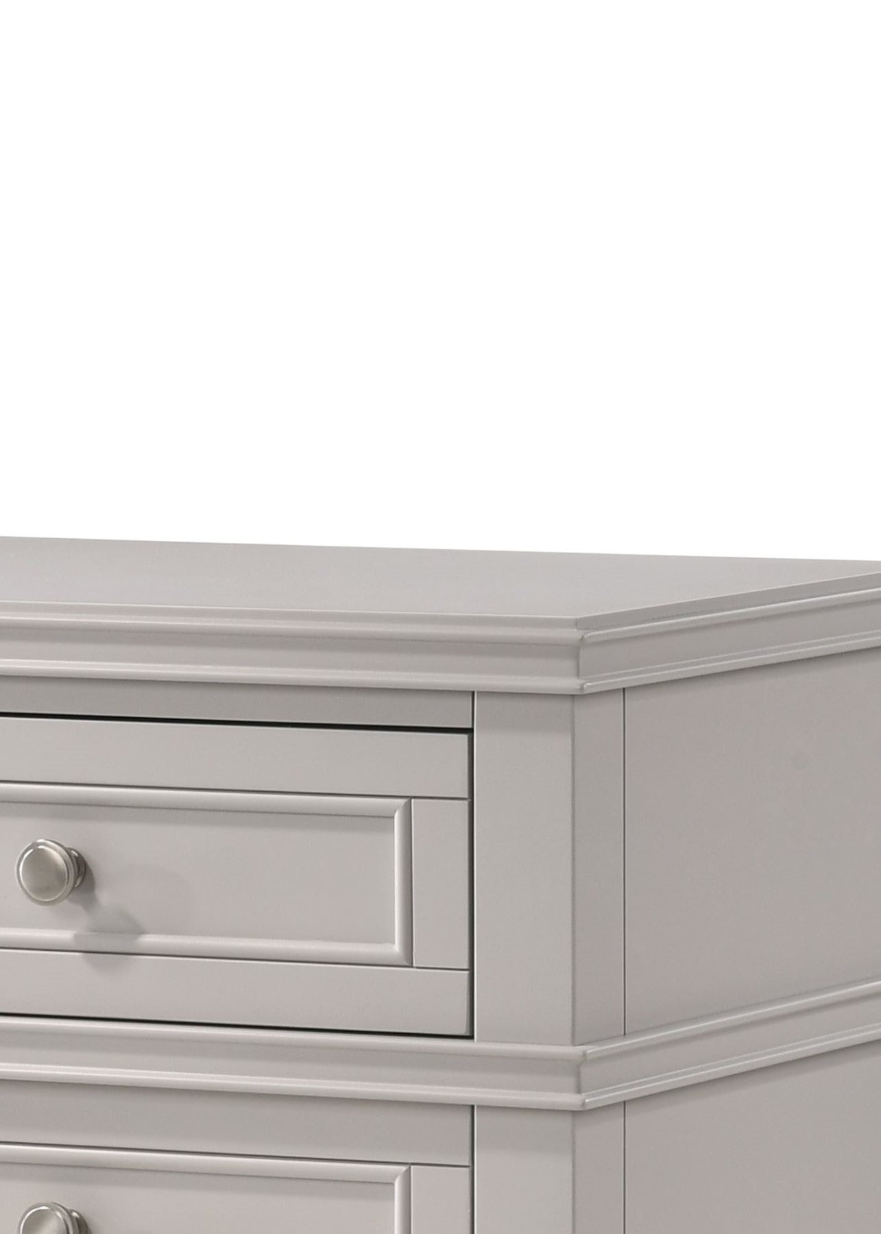 Gray wood dresser with silver knob detail