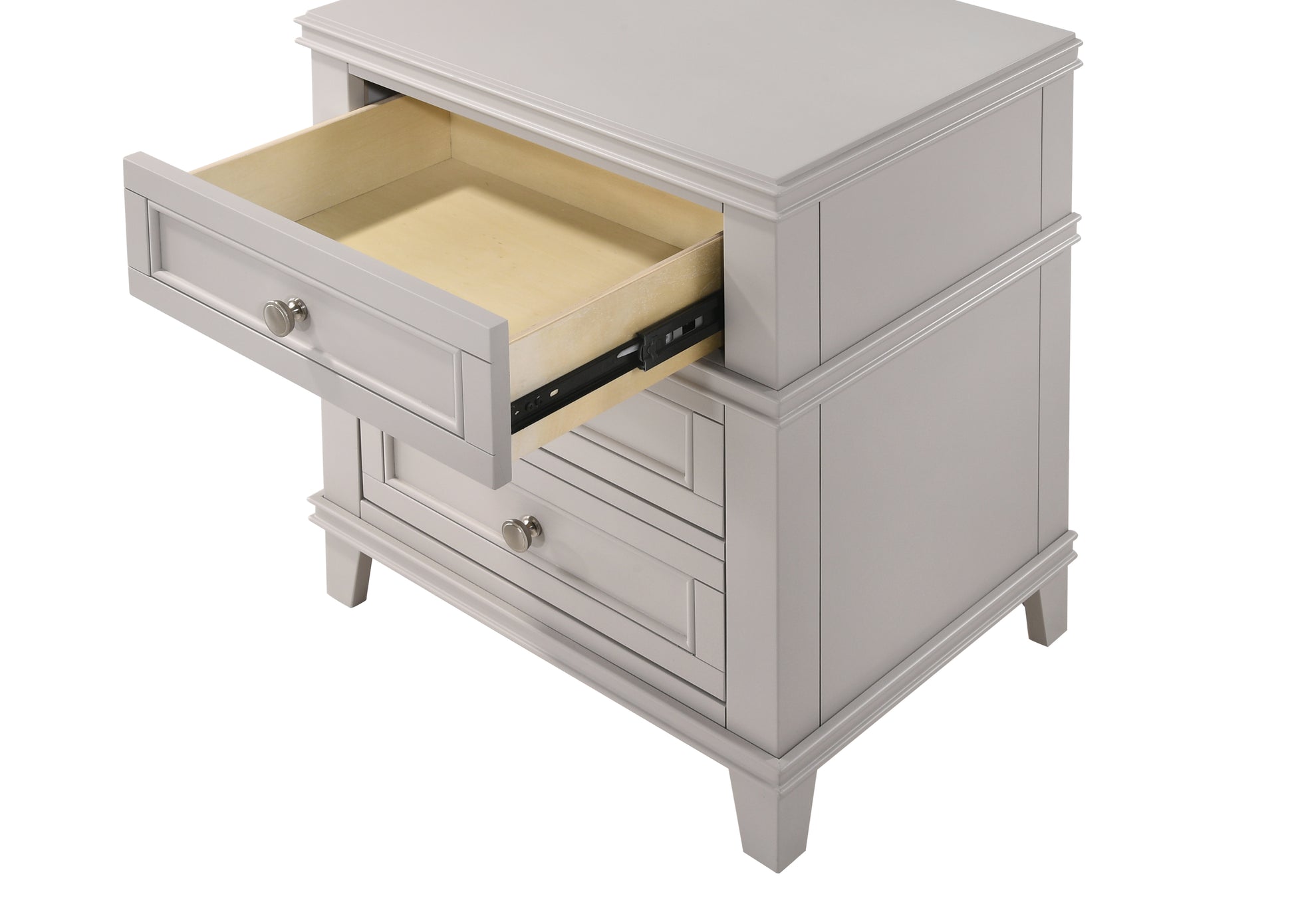 Gray wooden bedside table with open drawer and silver knob