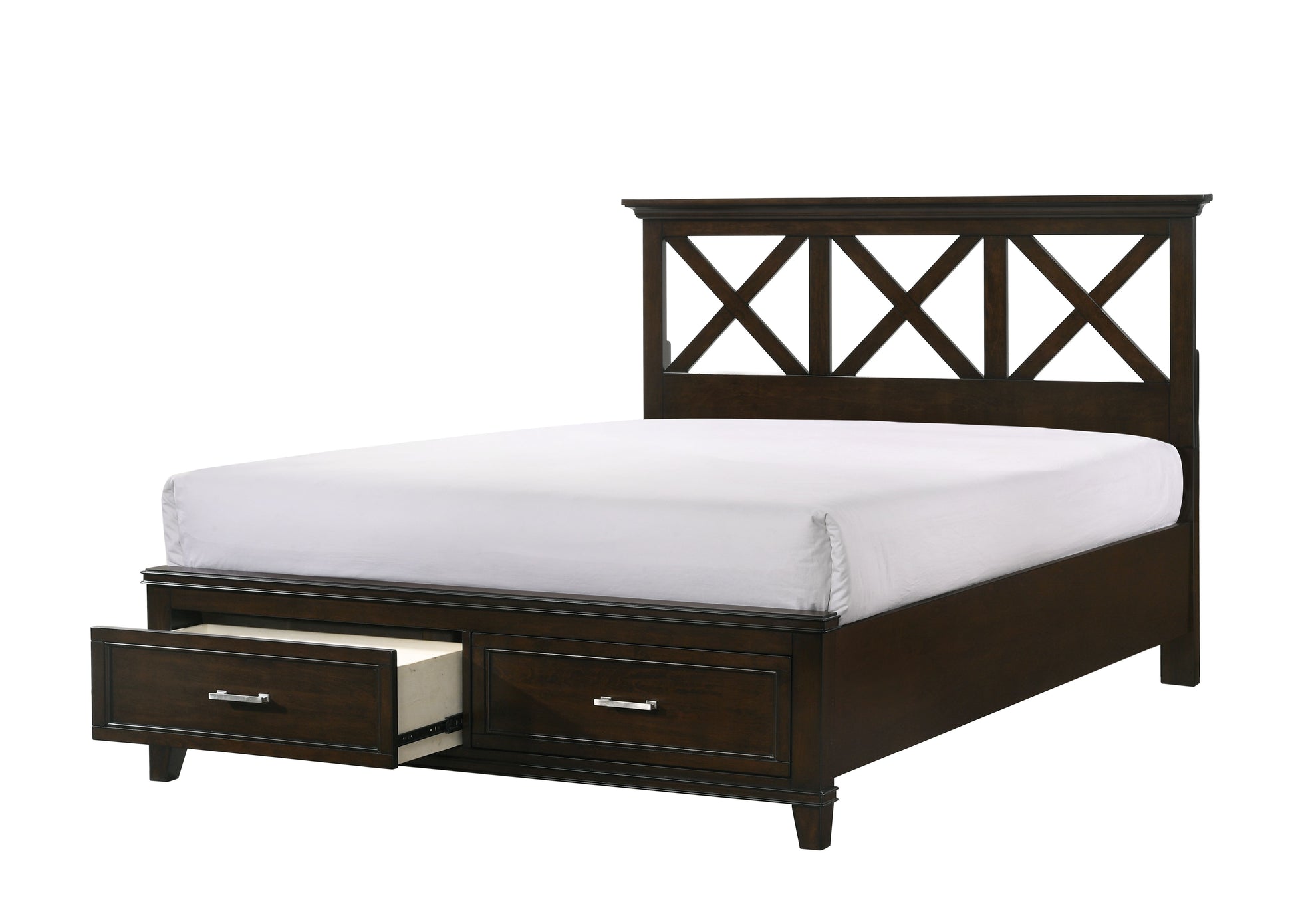 Dark brown wooden bed frame with Xdesign headboard and two storage drawers