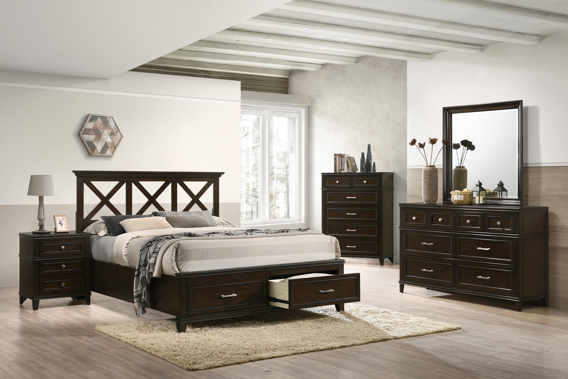 Dark brown wooden bed frame with Xpattern headboard and storage drawers