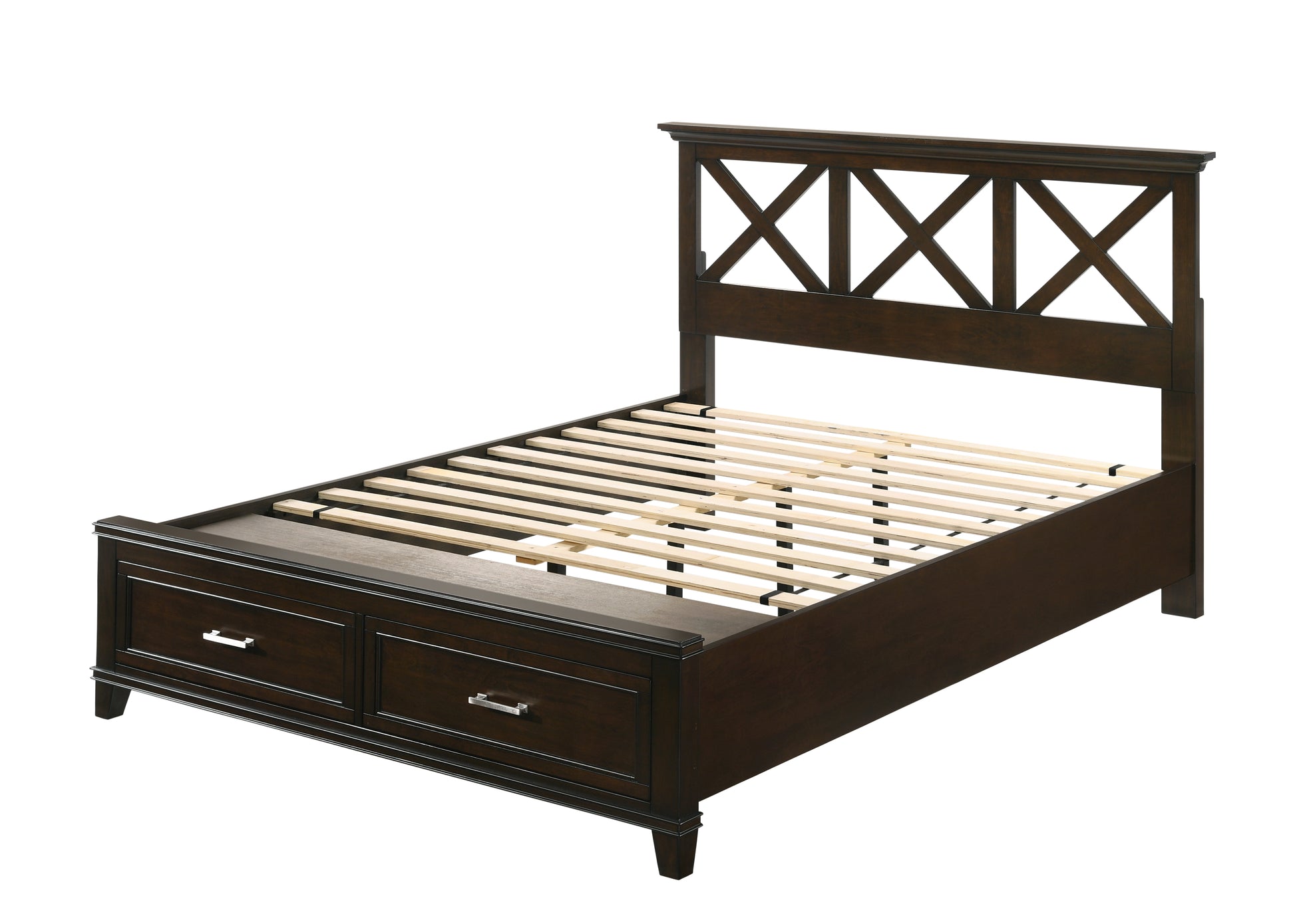 Dark espresso wood bed frame with Xdesign headboard and two drawers