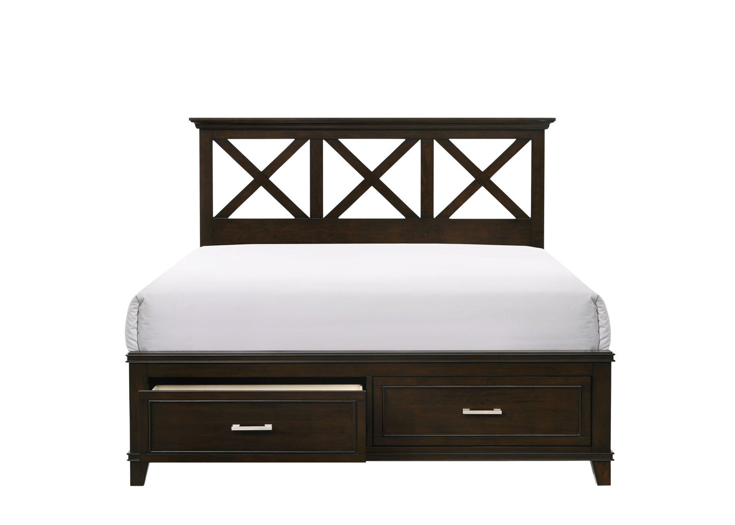 Dark wood king bed frame with Xpattern headboard and storage drawers