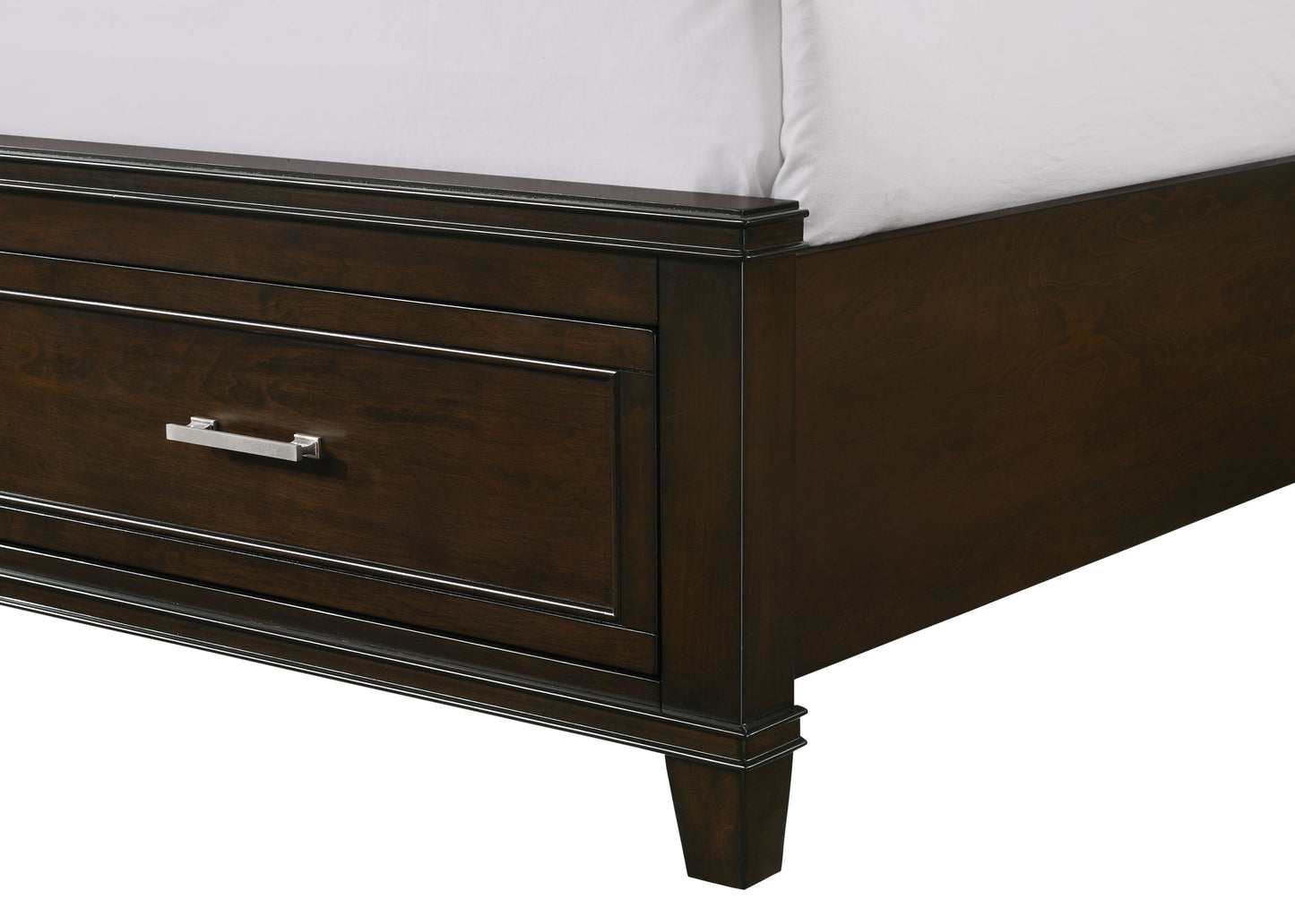 Dark espresso wooden bed frame with a single drawer and silver pull