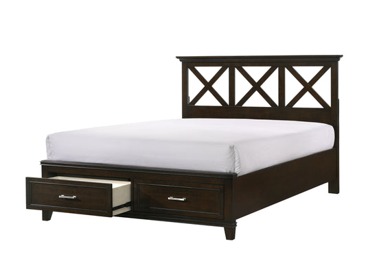 Dark wood storage bed with Xdesign headboard and two drawers