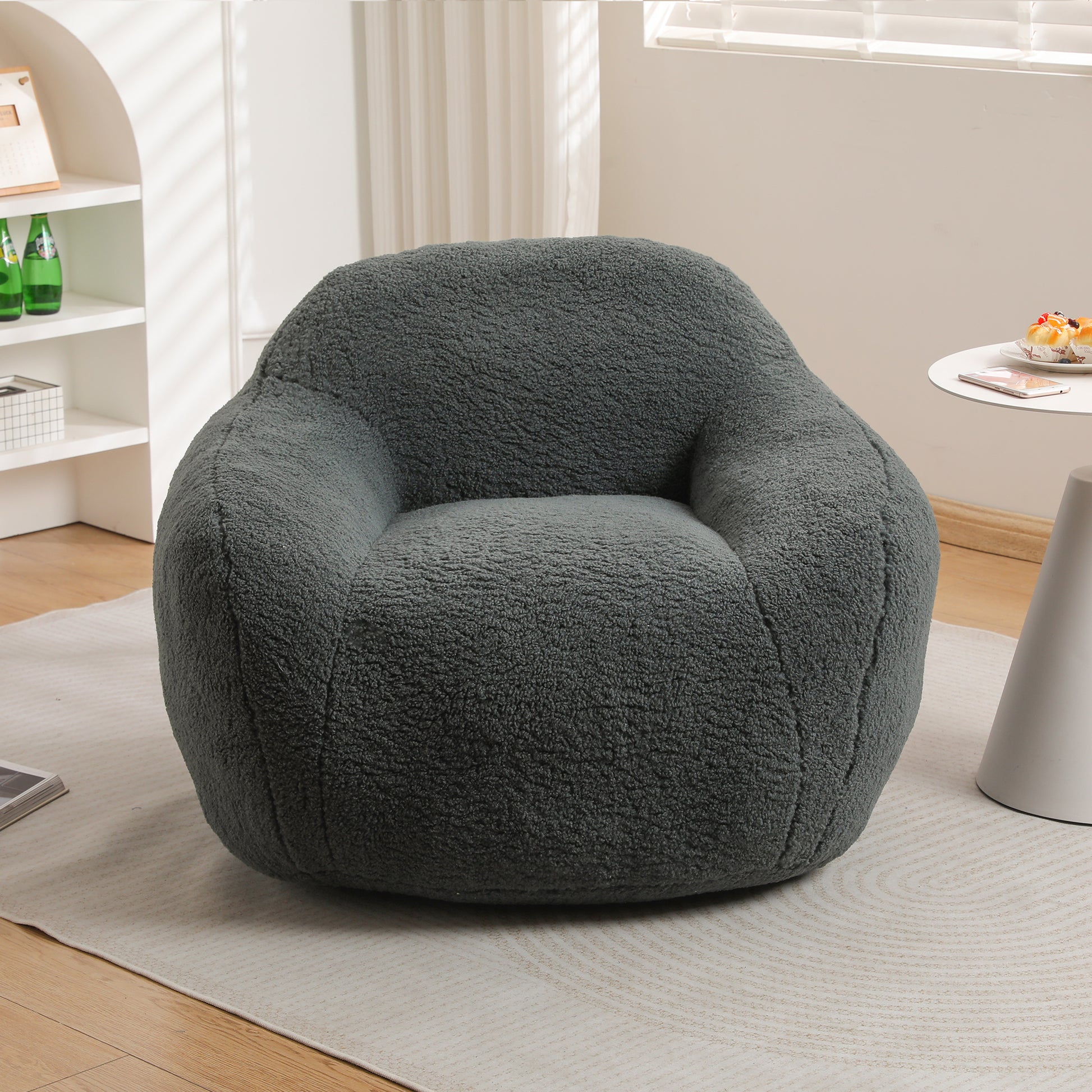 Plush dark grey faux fur accent chair cozy round shape modern home decor