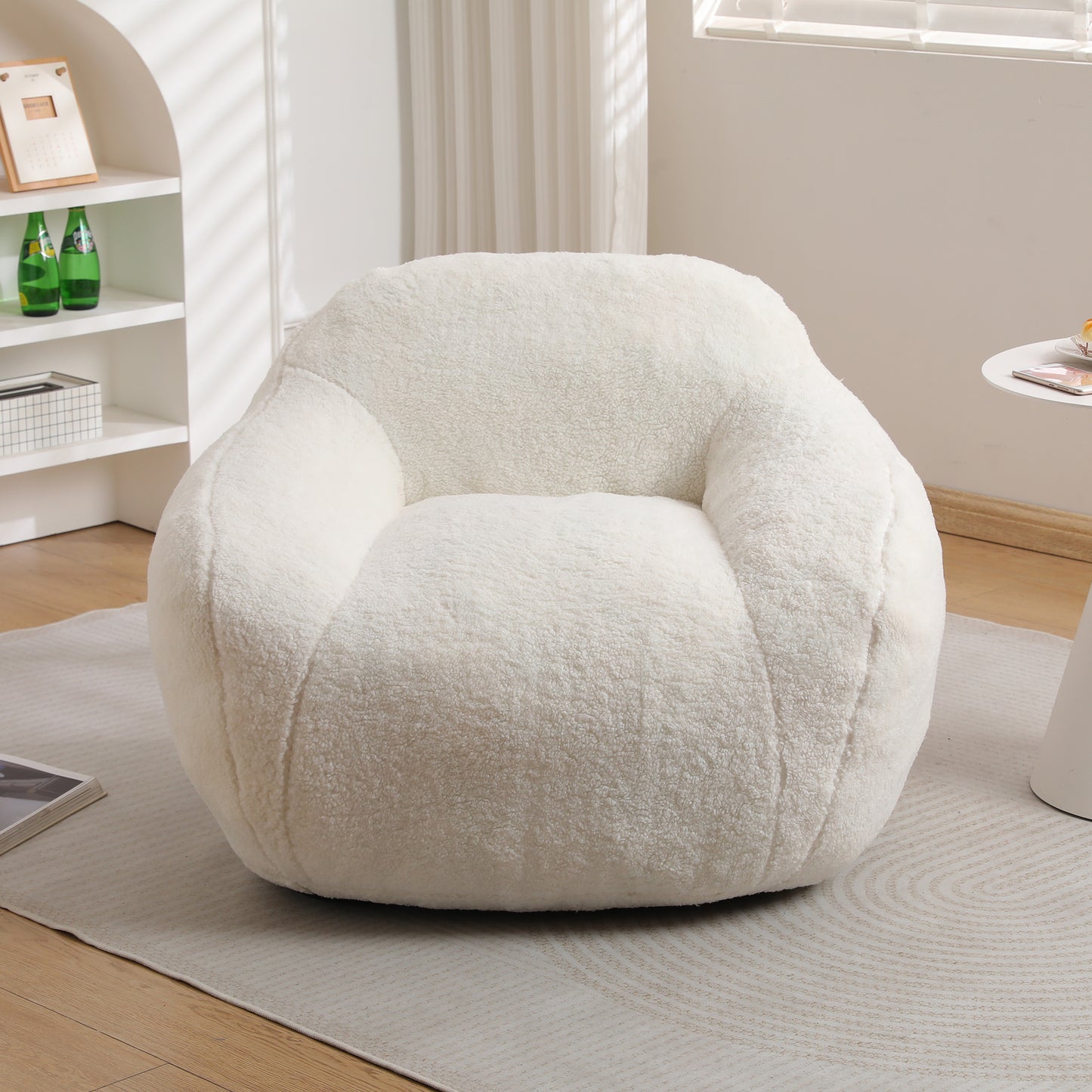 Plush cream faux fur bean bag chair for relaxed lounging
