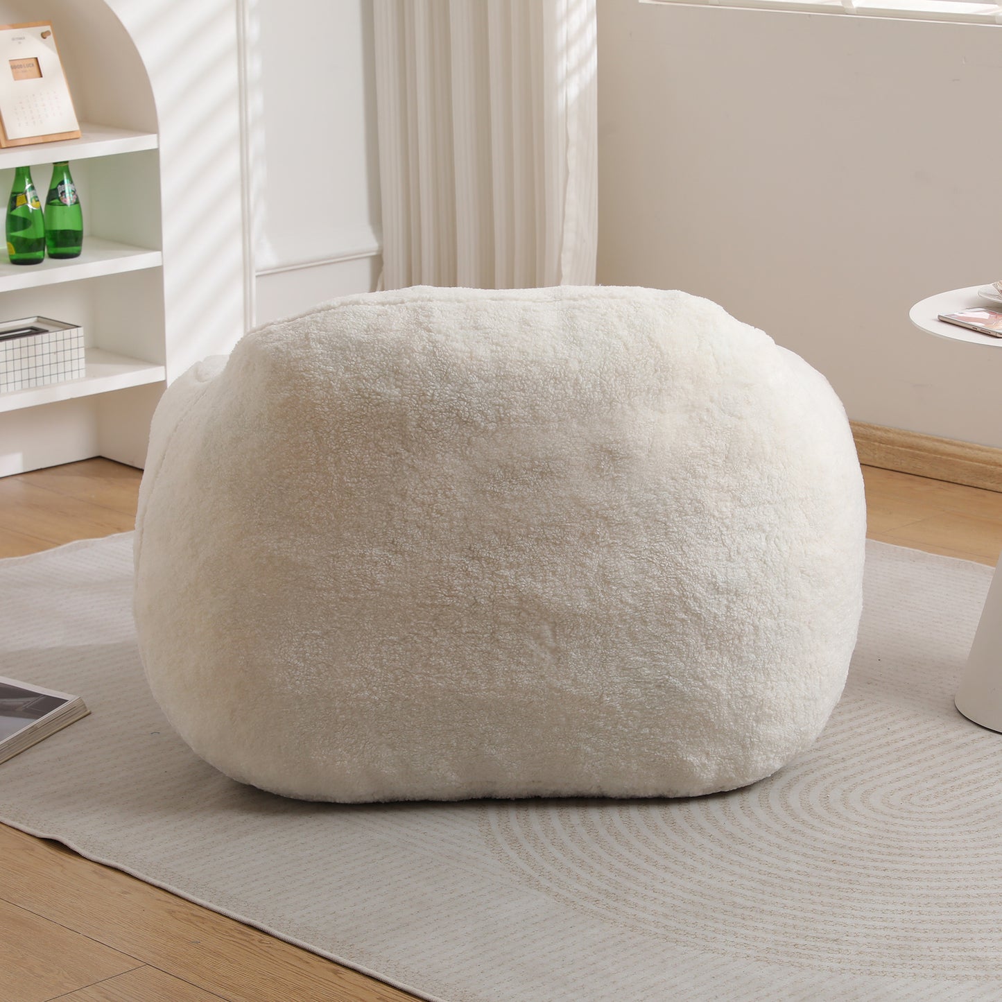 Plush white bean bag chair soft faux fur texture for cozy living rooms