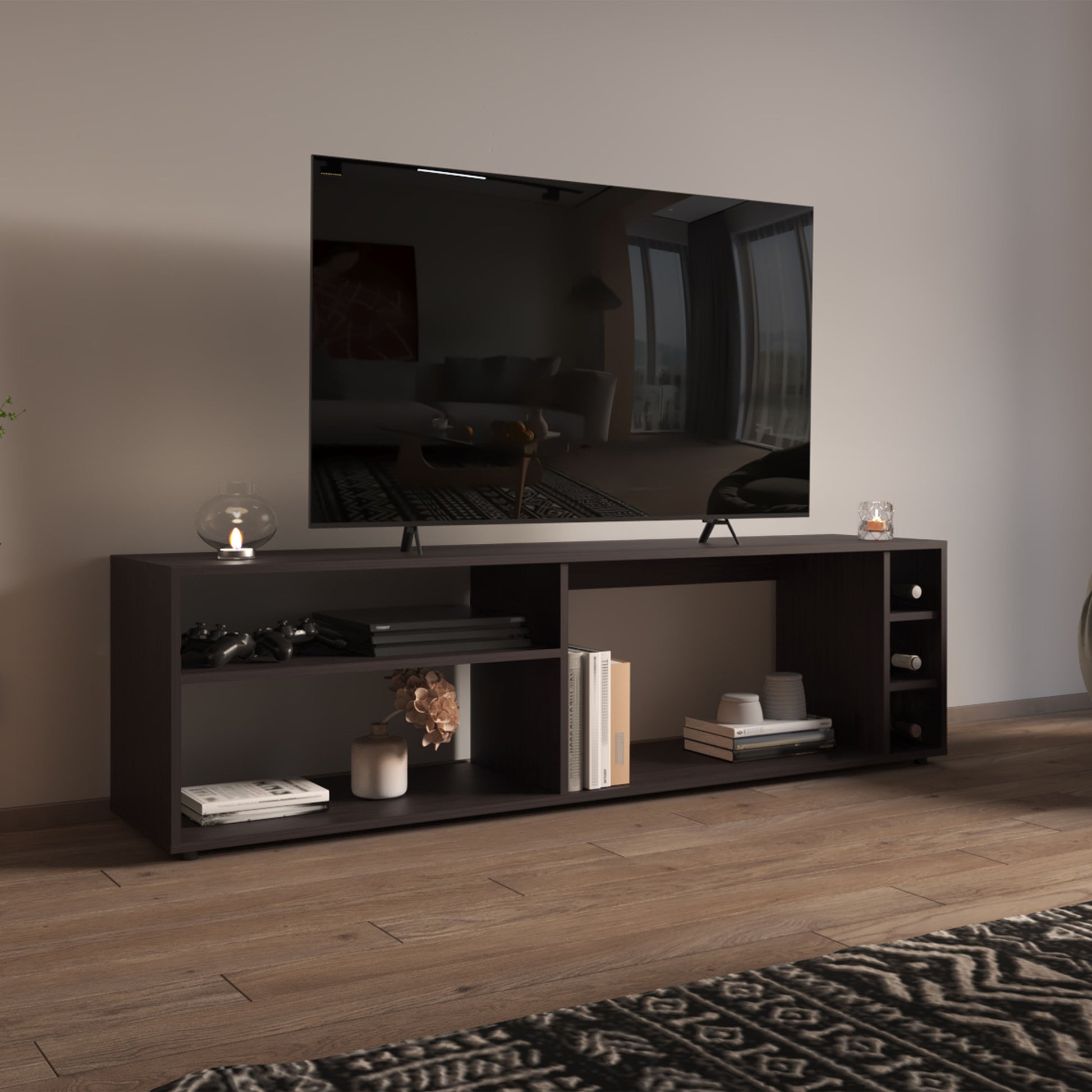 Dark brown modern media console with open shelving