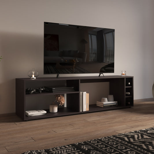 Dark brown modern media console with open shelving