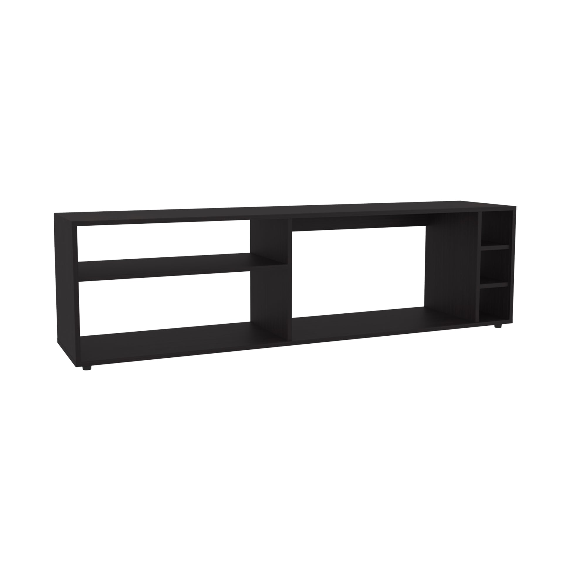 Modern black media console with open shelving and cubbies