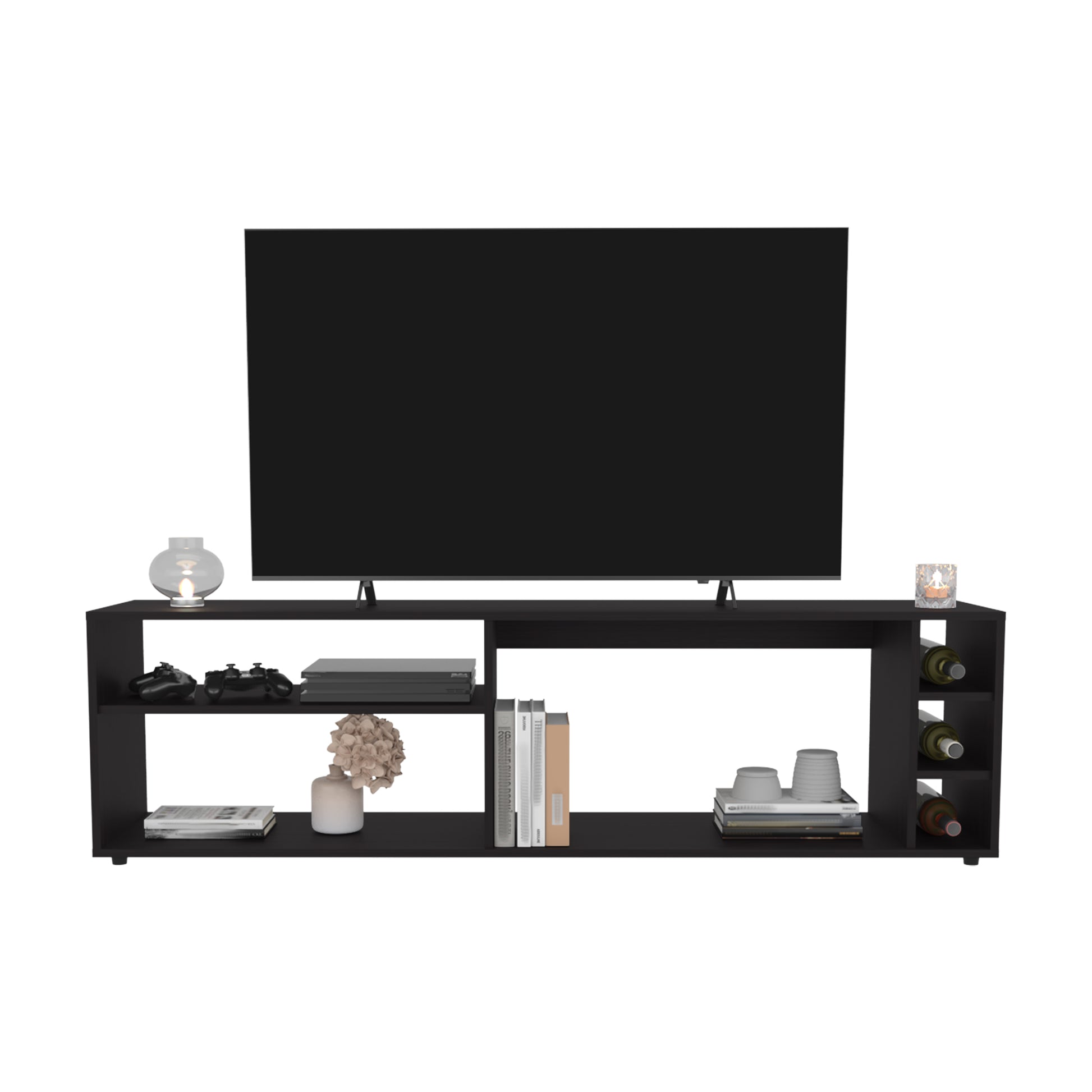 Black TV stand with open shelves and wine rack