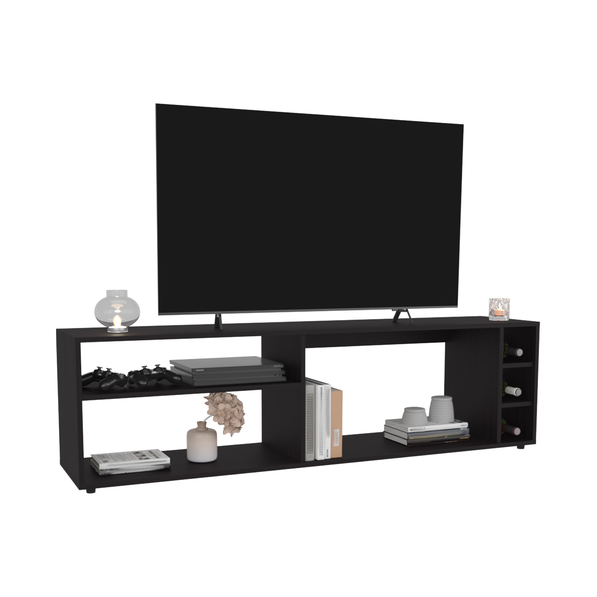 Black modern media console with wine rack and open shelving