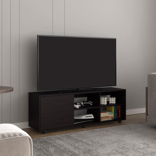 Black modern media console with open shelving and cabinet door