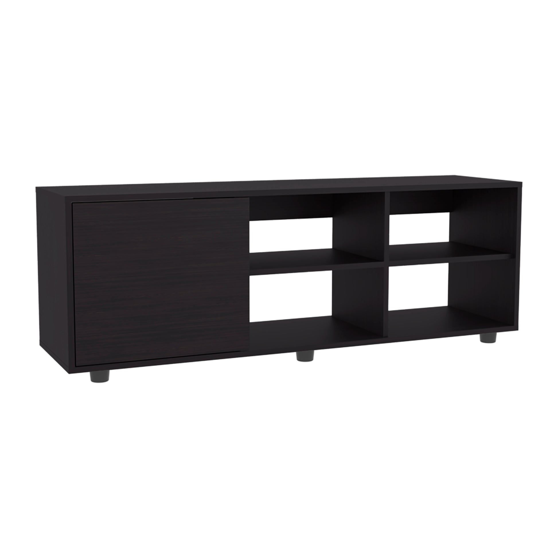 Dark brown media console with open shelving