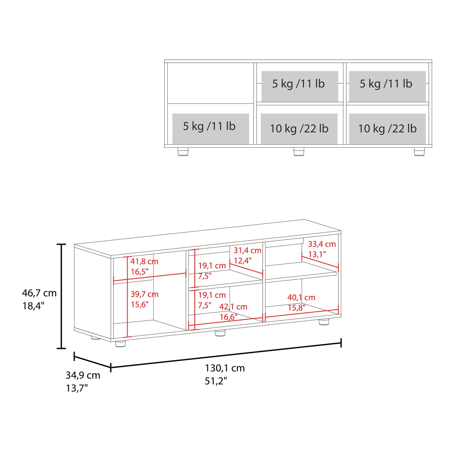 Technical drawing of entertainment center with dimensions