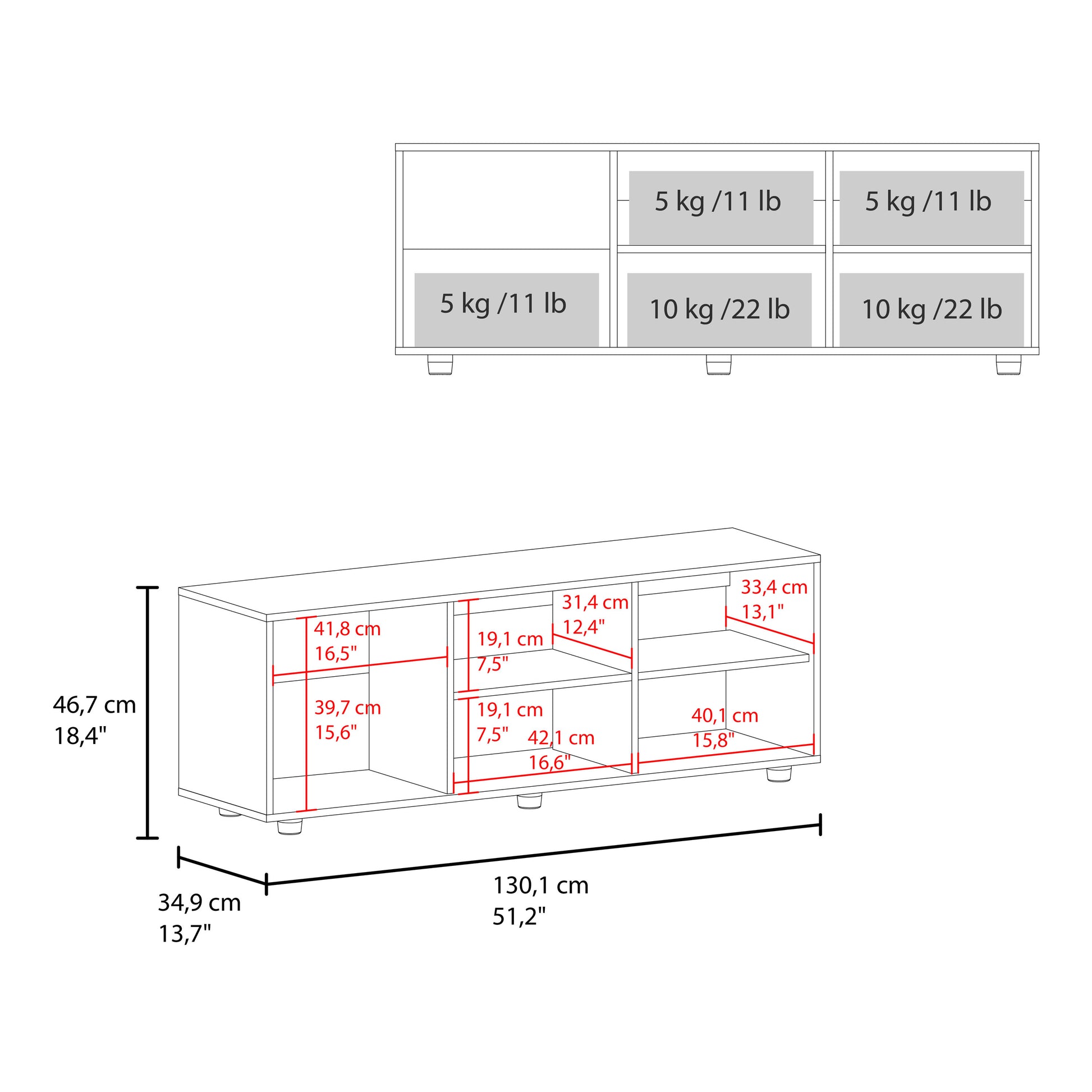 Technical drawing of entertainment center with dimensions