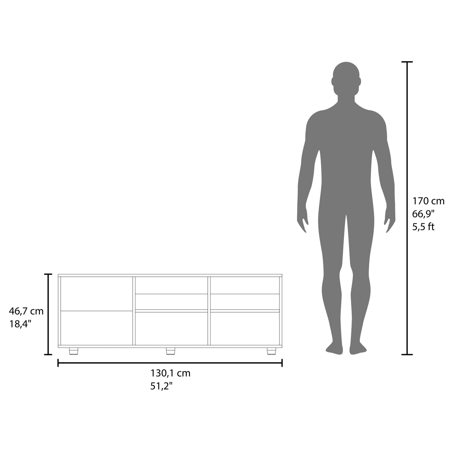 Line drawing of a modern media console with open shelves and drawers