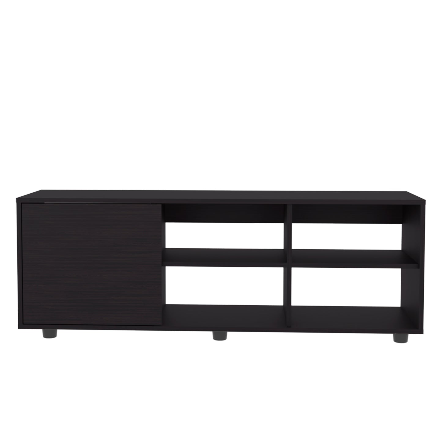 Dark wood media console with sliding door and open shelves
